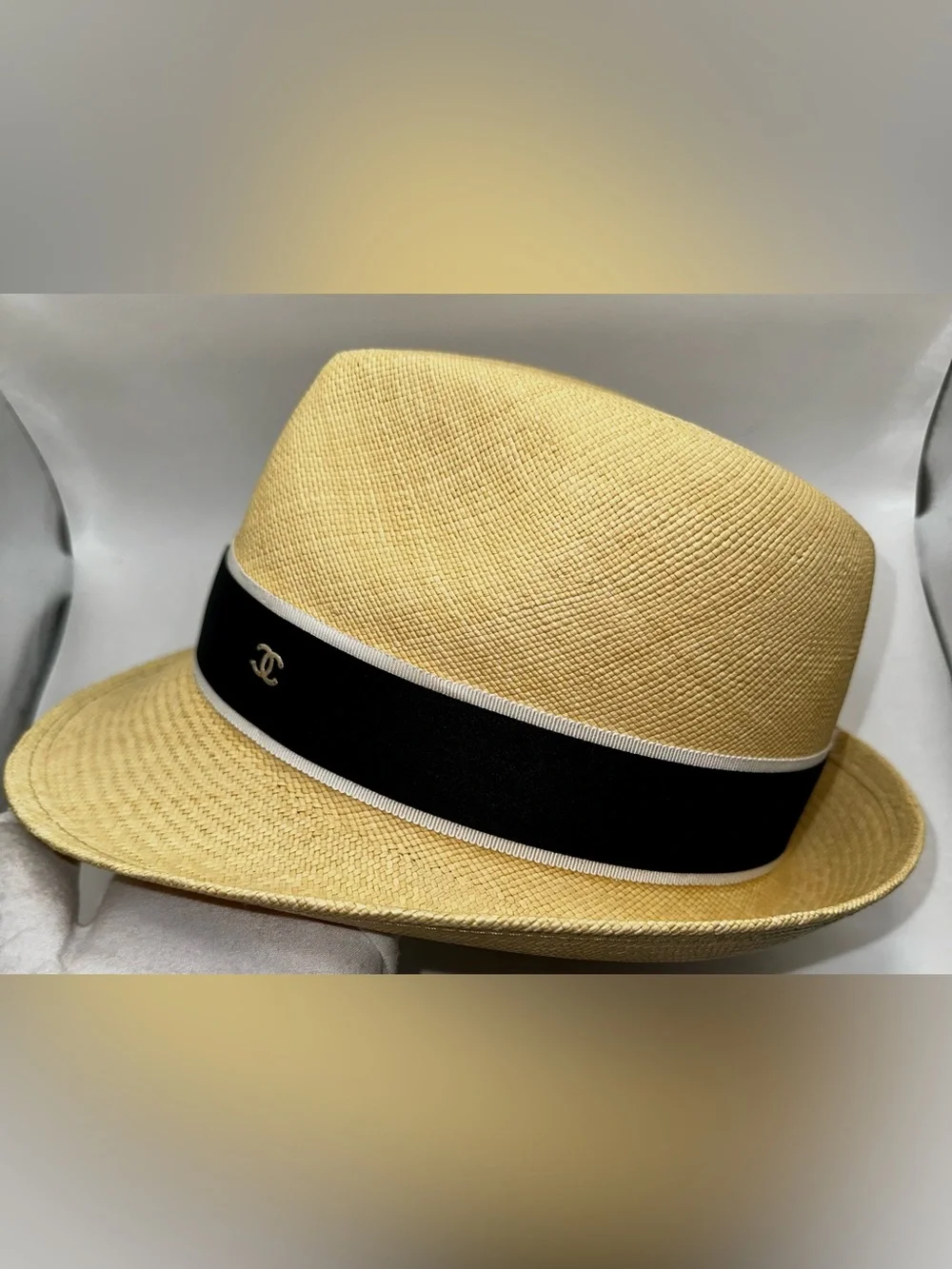 CHANEL Straw Fedora Hat in Natural and Black, Never Worn, w/ Box